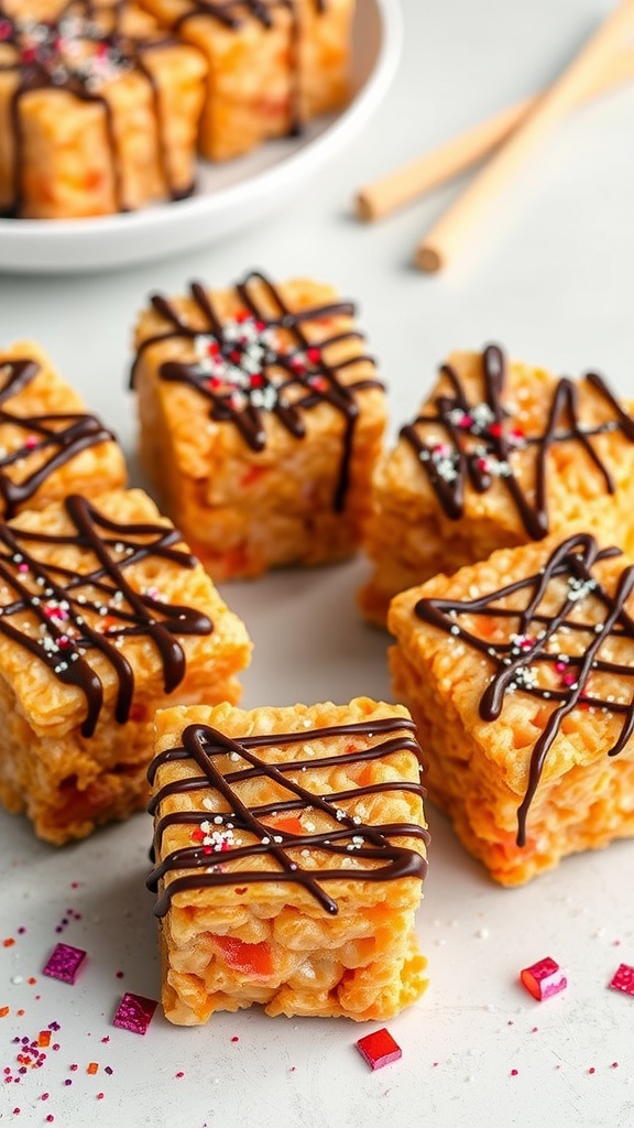 Rice Krispie treats with BBQ flavor, drizzled with chocolate and decorated with sprinkles.