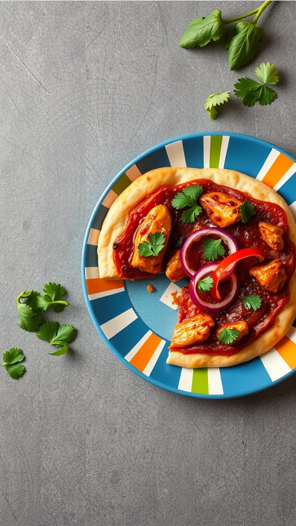 BBQ Chicken Pizza with Red Onions on a colorful plate