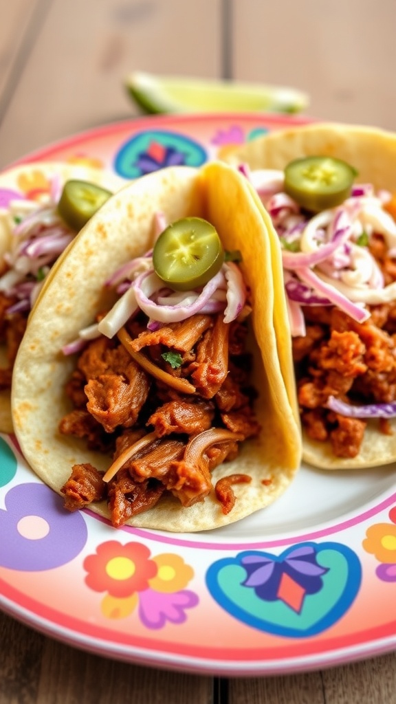 BBQ Jackfruit Tacos topped with coleslaw and jalapeños