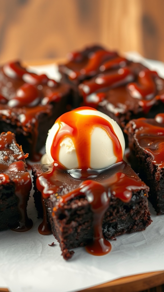 Decadent brownies topped with BBQ sauce and a scoop of vanilla ice cream.