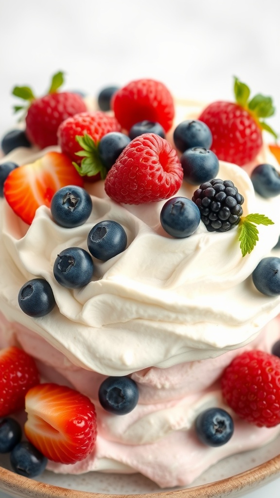 A beautiful Berry Pavlova topped with fresh strawberries, blueberries, and raspberries.