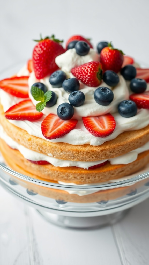 Delicious berry trifle with layers of sponge cake, whipped cream, strawberries, and blueberries.