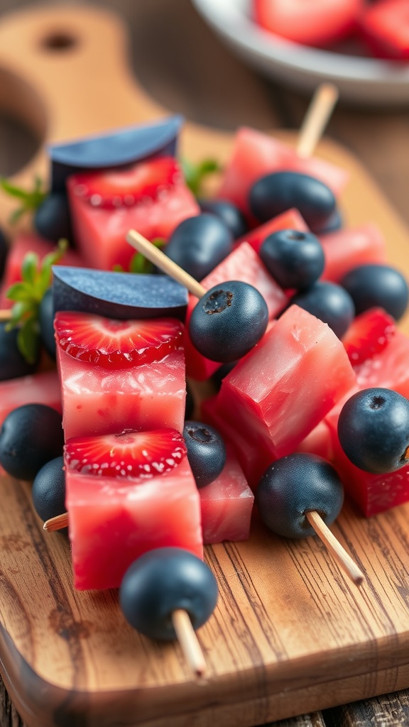 Colorful blue and pink fruit skewers with fresh fruits and jello cubes