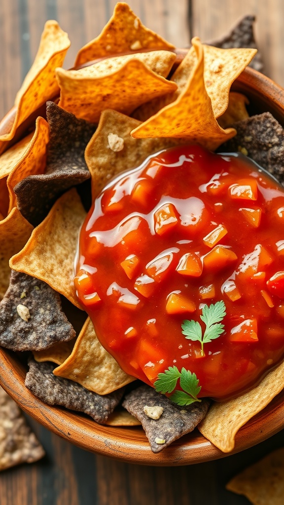 A bowl of blue corn tortilla chips served with salsa.
