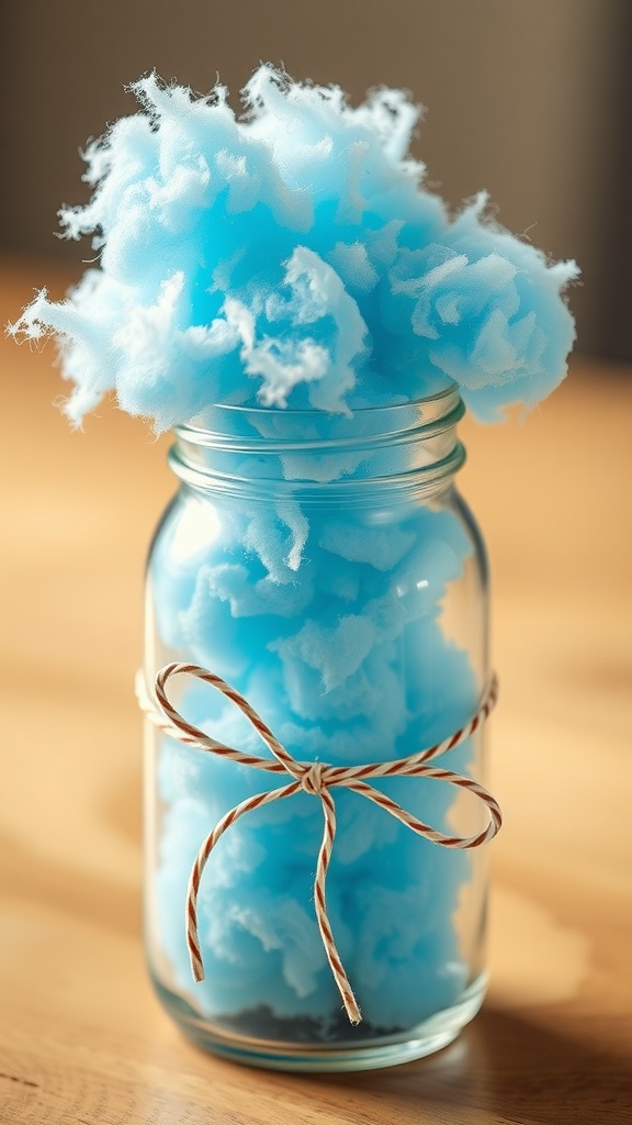 A whimsical jar filled with fluffy blue cotton candy, tied with a twine ribbon.