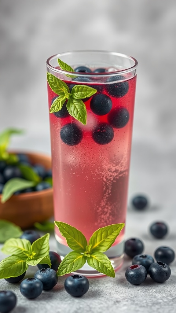 A refreshing Blueberry Basil Sparkler drink with blueberries and basil leaves.