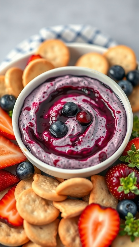 A delicious blueberry cream cheese dip surrounded by fresh fruits and crackers.