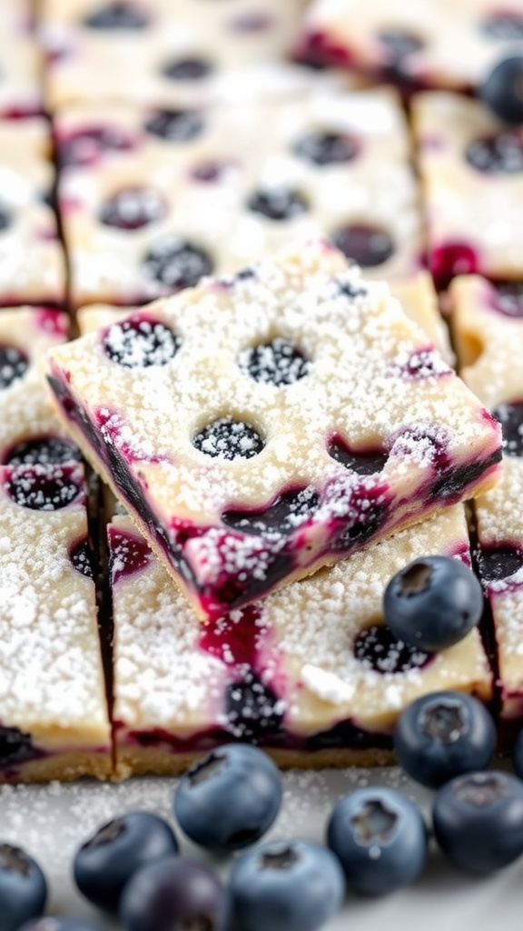 Delicious blueberry lemonade bars dusted with powdered sugar, showcasing a vibrant filling.