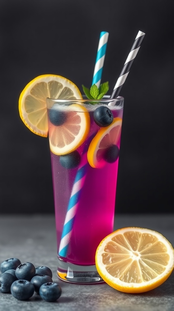Colorful Blueberry Lemonade Mocktail with lemon slices and mint garnish