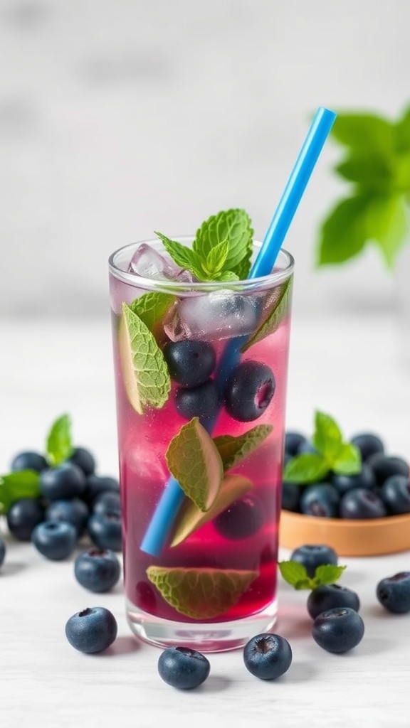Blueberry Mojito Mocktail in a glass with mint and blueberries