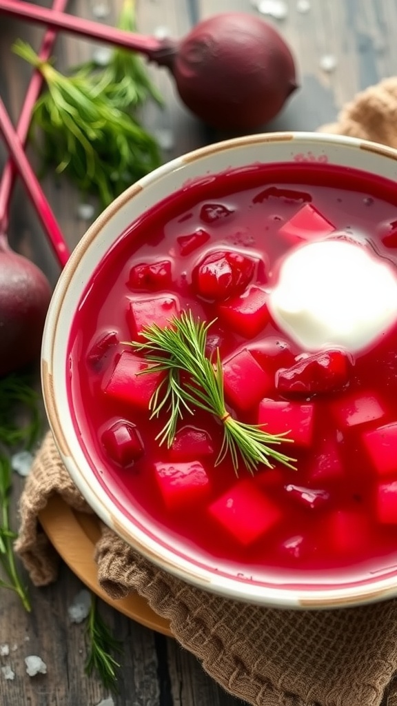 A bowl of vibrant borscht soup garnished with fresh dill and a dollop of sour cream.