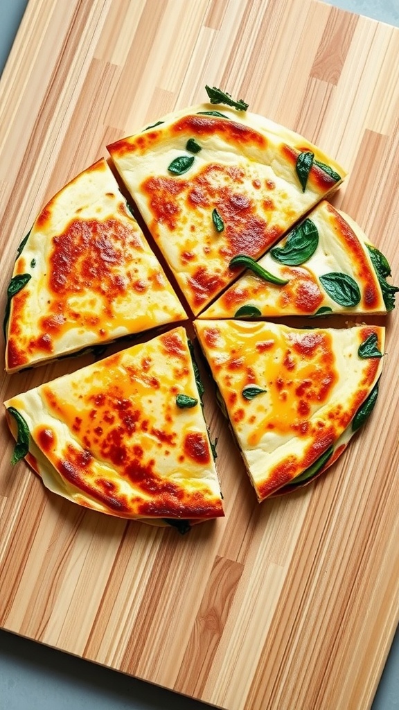 Breakfast quesadilla with spinach sliced into wedges on a wooden board.
