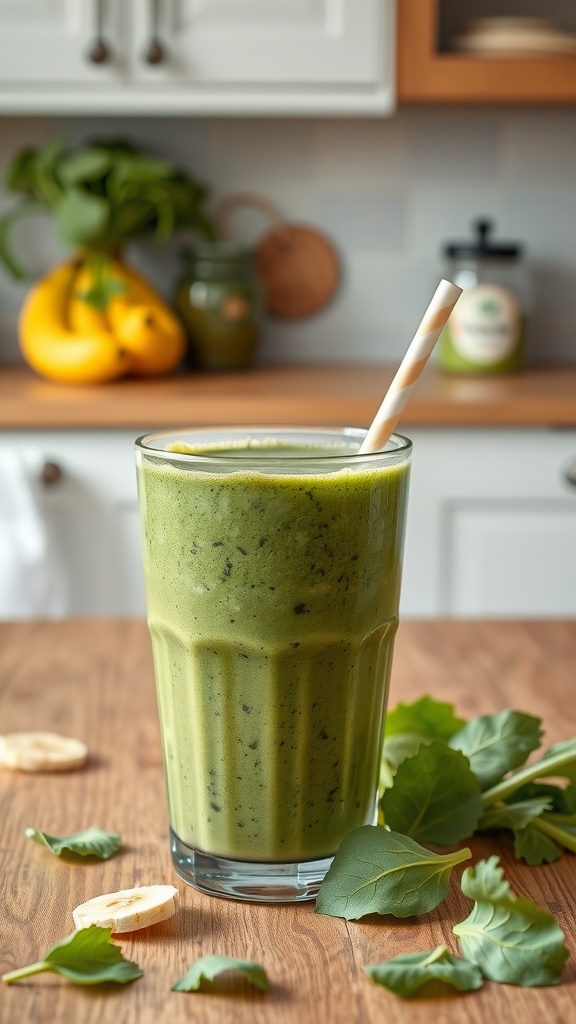 A green smoothie with spinach and banana served in a glass with a straw.
