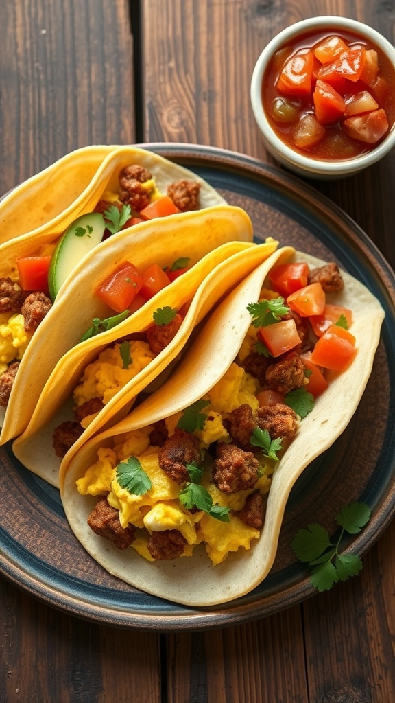 Breakfast tacos filled with scrambled eggs and chorizo, garnished with tomatoes and cilantro, served with a side of salsa.
