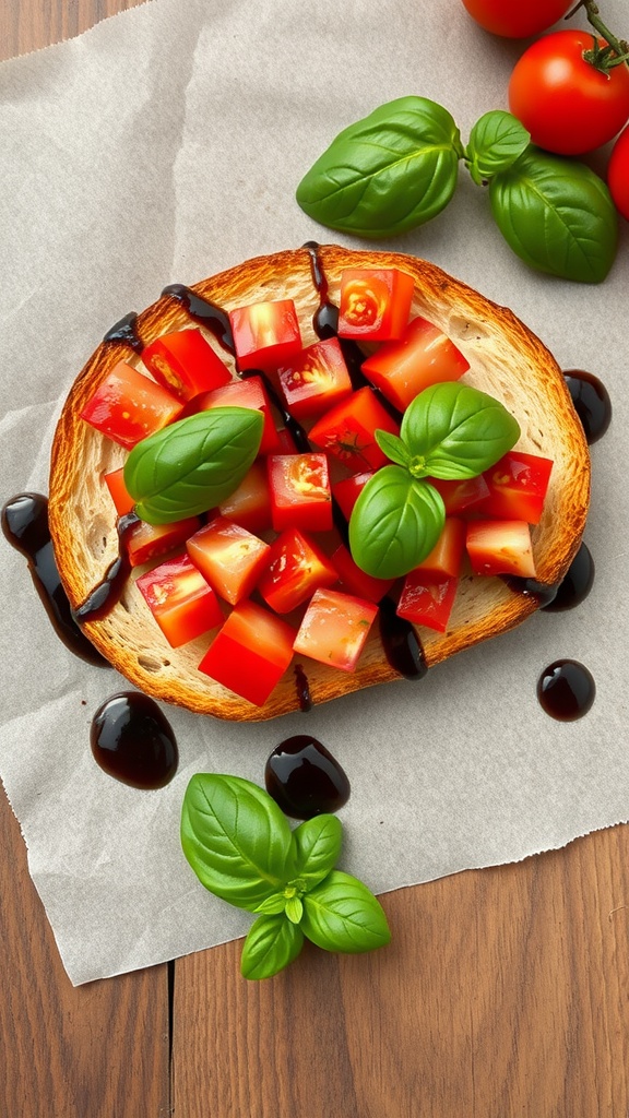 A slice of bruschetta topped with diced tomatoes and basil on a wooden surface.