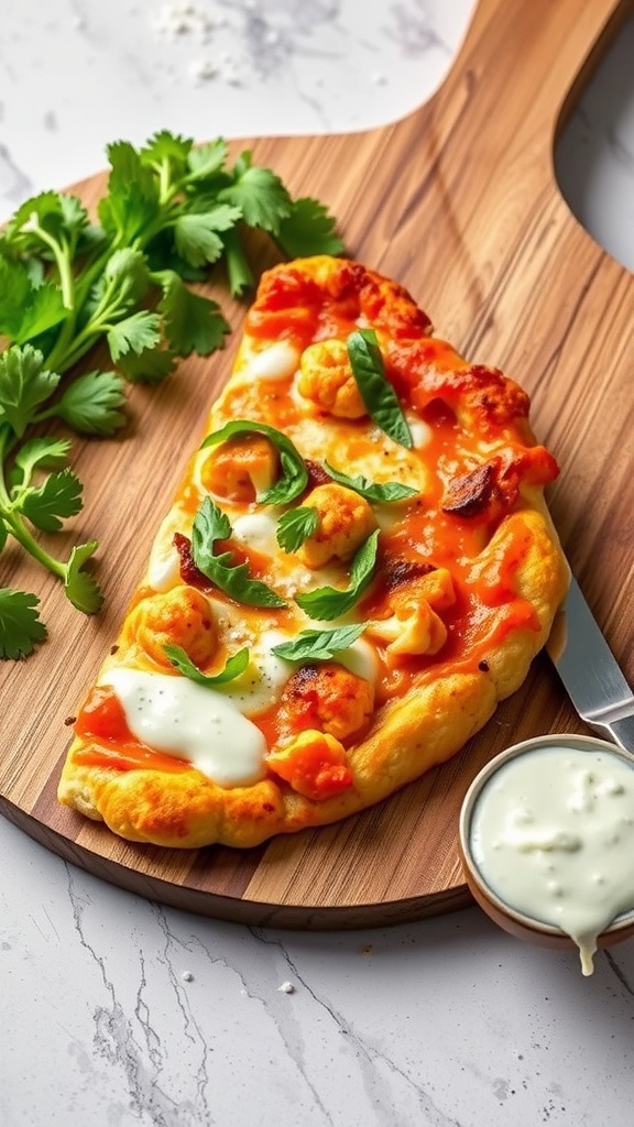 Buffalo Cauliflower Pizza slice on a wooden board with cilantro