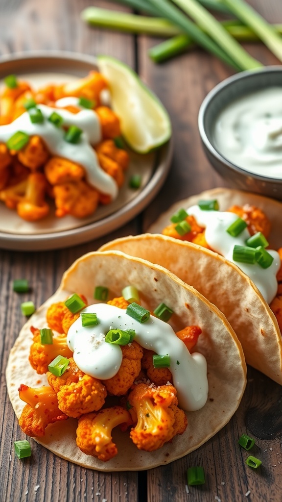 Buffalo cauliflower tacos topped with ranch dressing and green onions on a wooden table