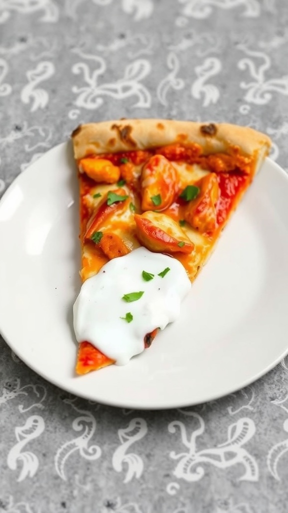 A slice of buffalo chicken ranch pizza with toppings and ranch dressing