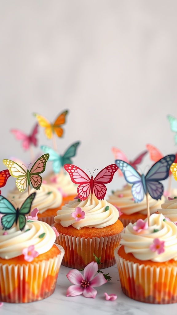 Colorful butterfly cupcakes decorated with buttercream frosting and edible flowers.