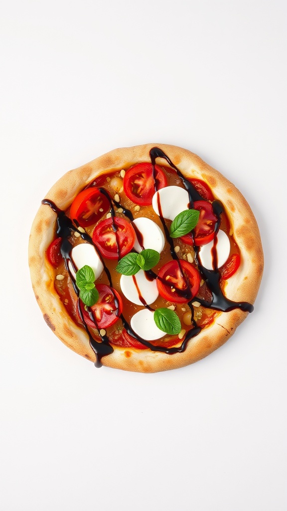 A delicious Caprese pizza topped with fresh tomatoes, mozzarella, and basil, drizzled with balsamic glaze.