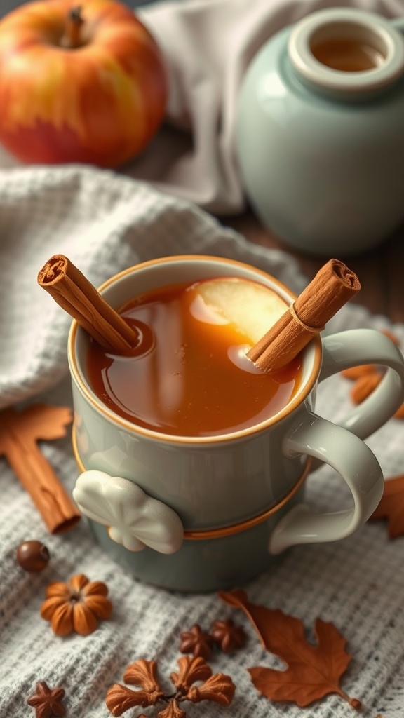 A cozy cup of caramel apple cider with cinnamon sticks and apple slices, perfect for a cupcake decorating party.