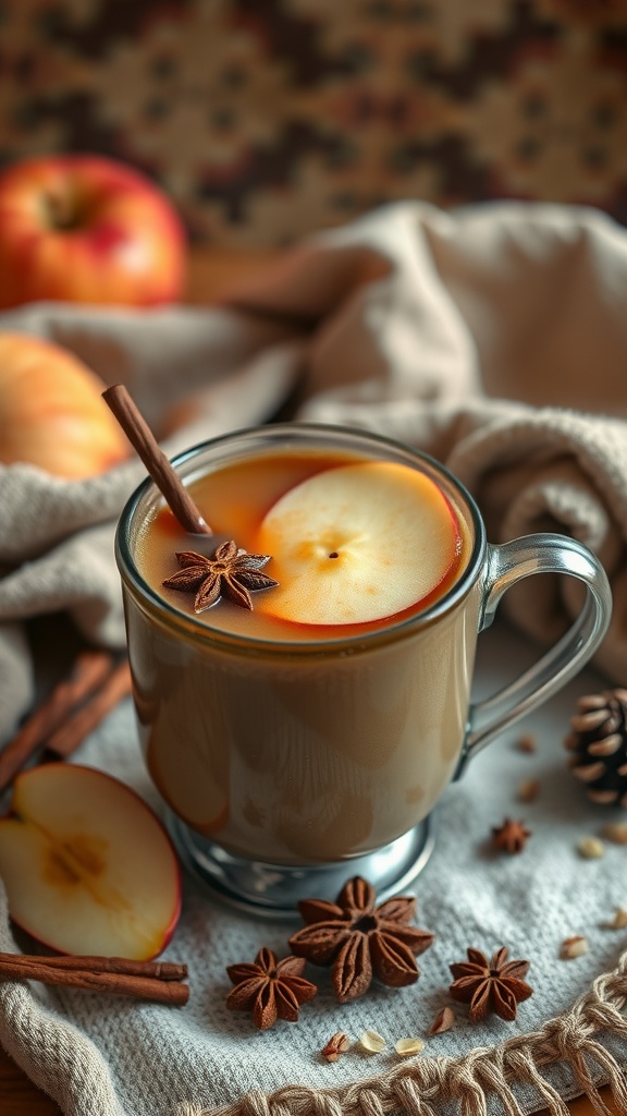 A cozy cup of Chai Spiced Apple Drink with apple slices and spices.
