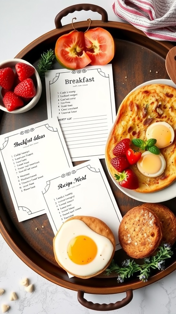A wooden breakfast tray with recipe cards, fresh fruits, and a breakfast dish featuring eggs.