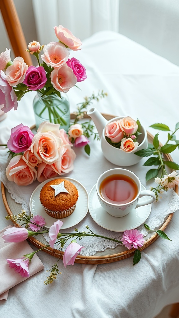 A beautifully arranged breakfast in bed tray featuring a muffin, tea, and charming floral accents.
