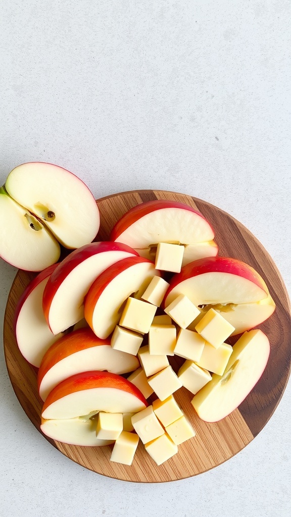 Sliced apples and cubed cheese arranged on a wooden platter.