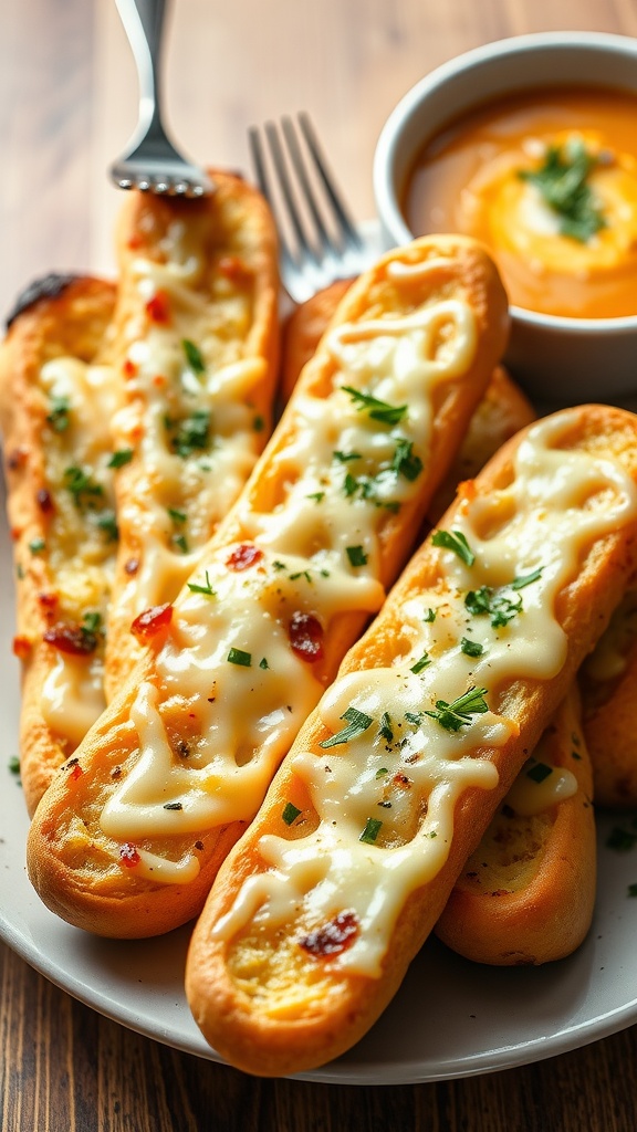 Cheesy garlic breadsticks with melted cheese and herbs