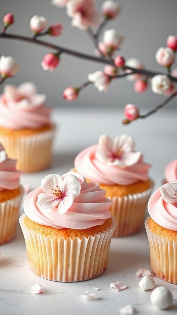 Cherry Blossom Cupcakes with pink frosting and edible flowers