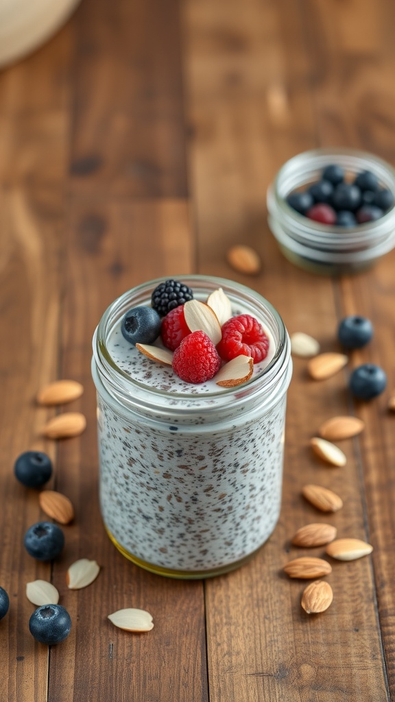 Chia seed pudding topped with almonds and fresh berries in a jar
