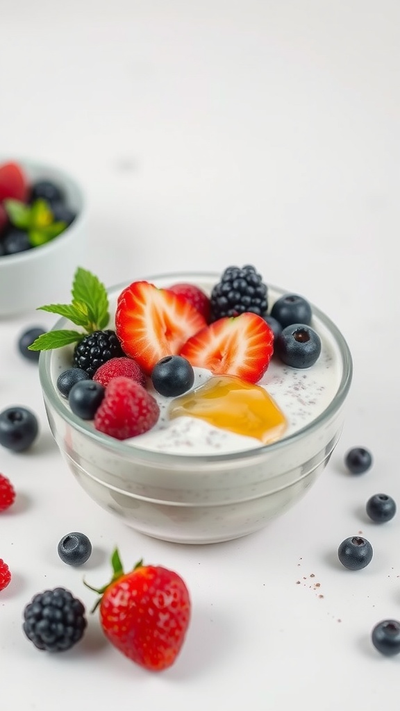A glass of chia seed pudding topped with strawberries, blueberries, and mint leaves.