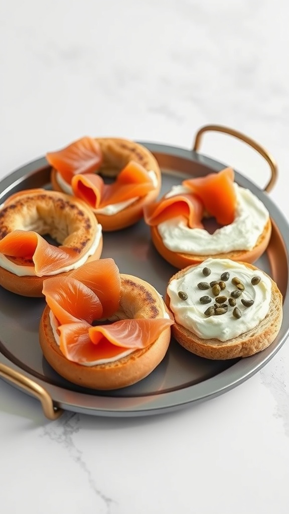 A stylish tray with bagels topped with cream cheese and smoked salmon