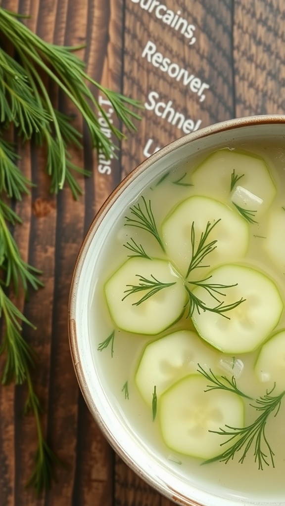 A bowl of chilled cucumber and dill soup garnished with fresh dill and cucumber slices.
