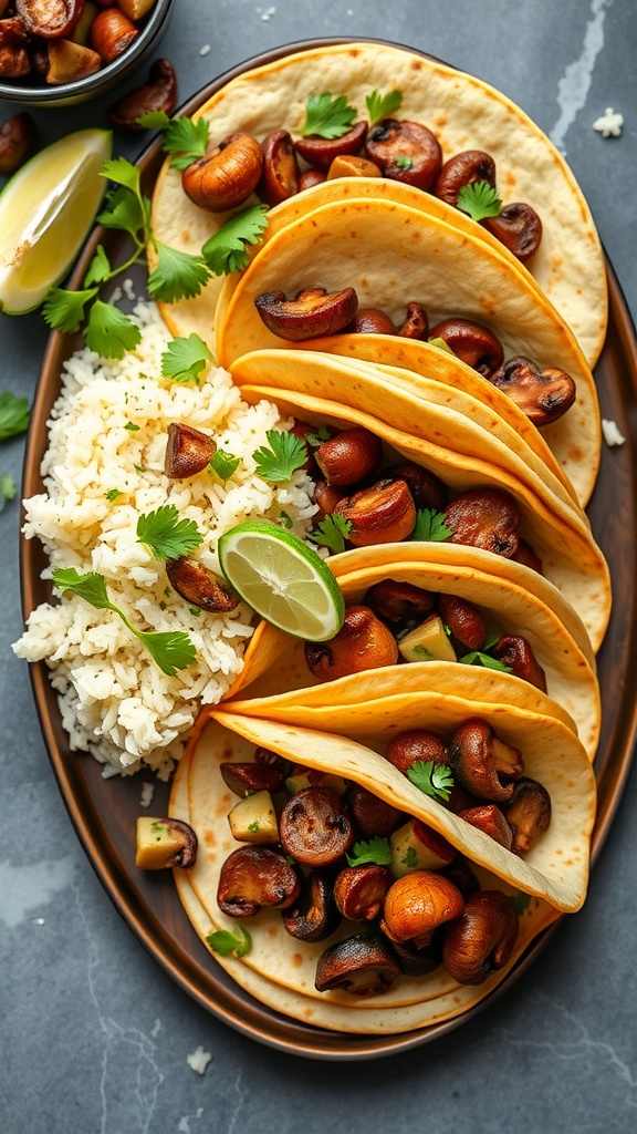 Chipotle mushroom tacos served with cilantro lime rice on a plate.