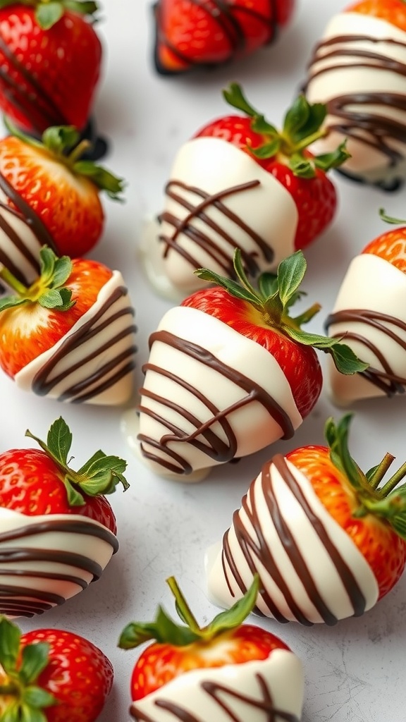 Chocolate-covered strawberries decorated with dark and white chocolate drizzle