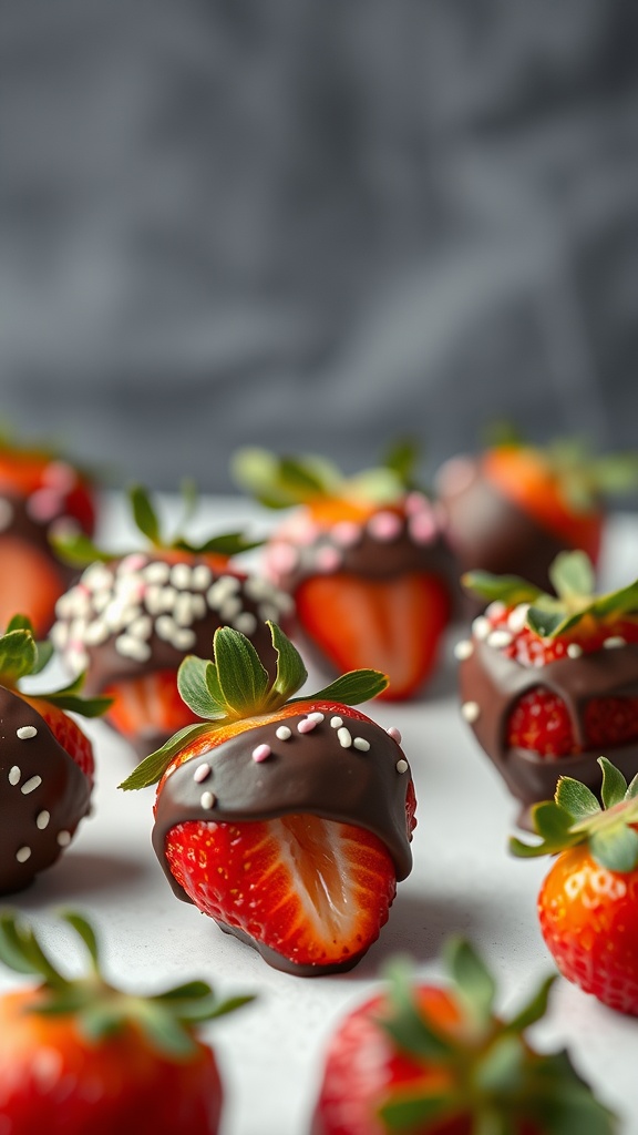 Delicious chocolate-covered strawberries decorated with colorful sprinkles.