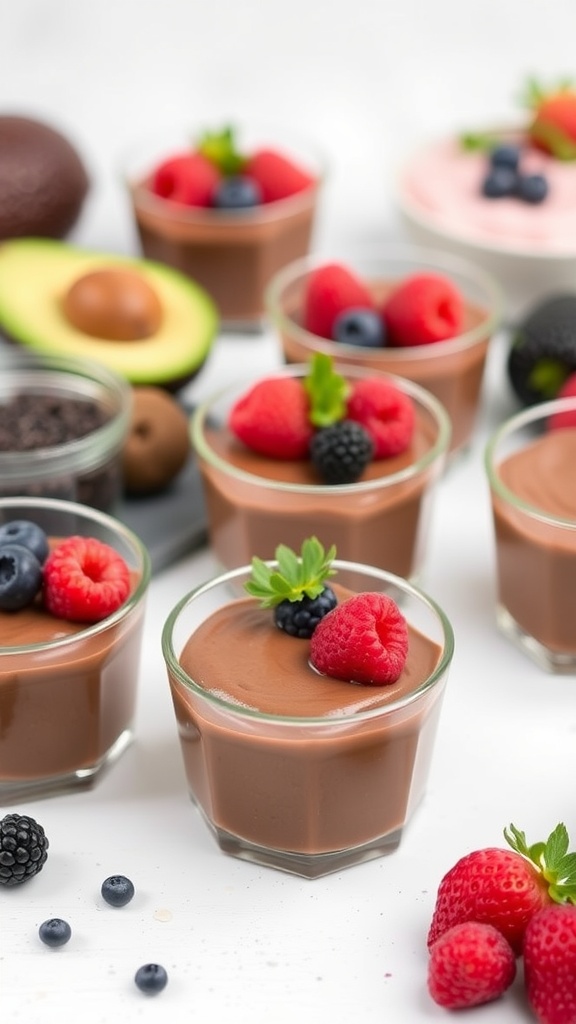 Chocolate avocado mousse served in small glasses, topped with fresh raspberries and blueberries.