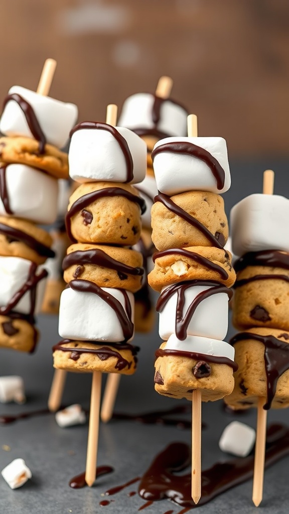 Chocolate chip cookie skewers on wooden sticks with marshmallows and chocolate drizzle.