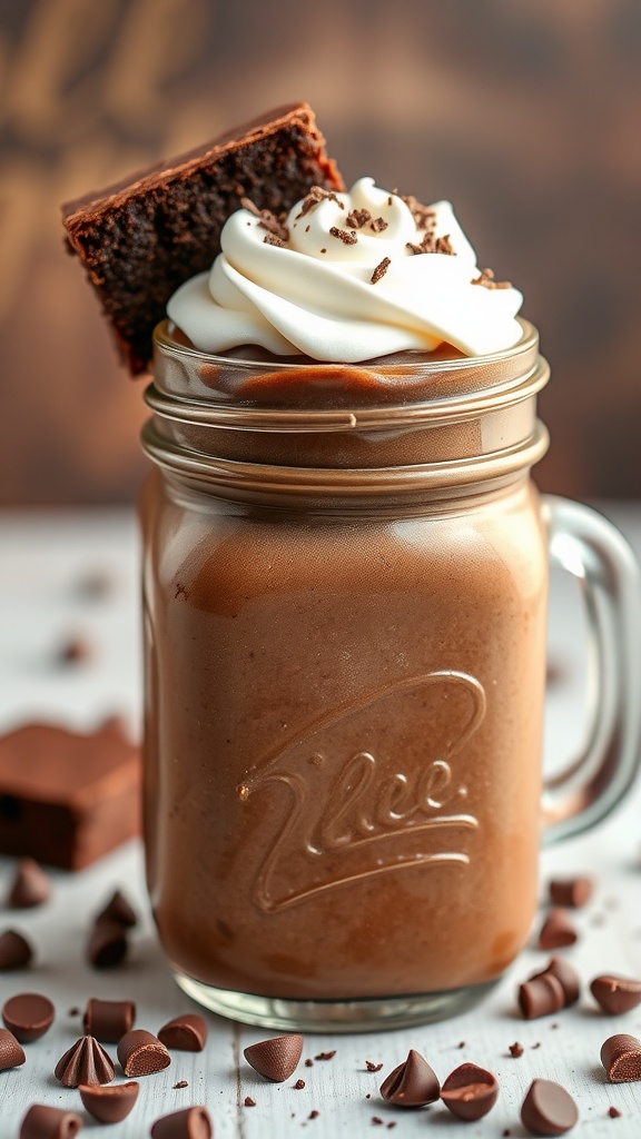 A delicious chocolate fudge brownie smoothie topped with whipped cream and brownie pieces.