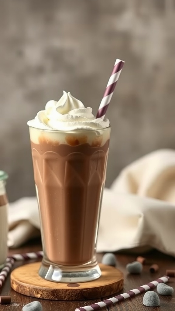 A refreshing glass of chocolate milk topped with whipped cream and a straw