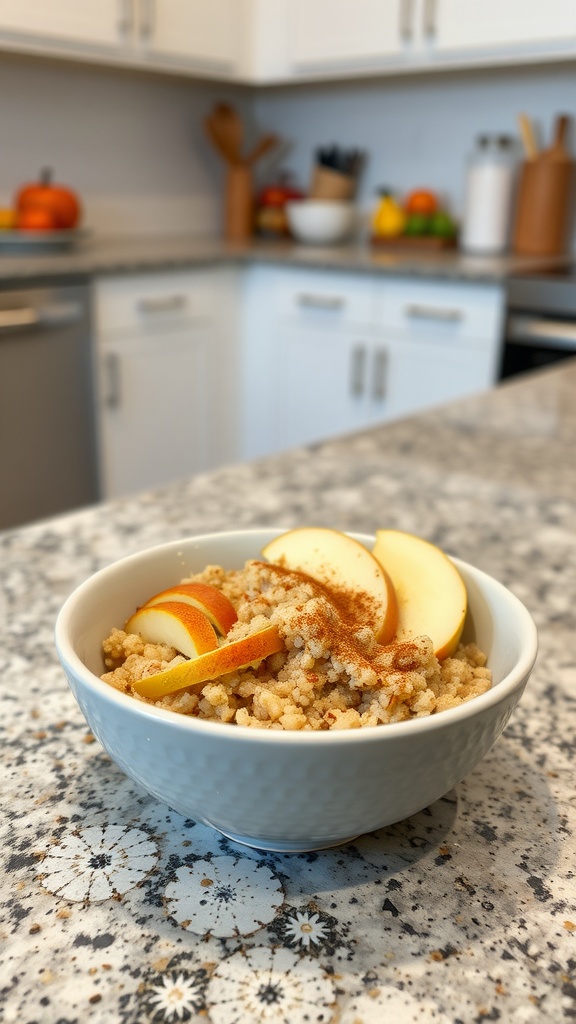 A bowl of cinnamon apple overnight quinoa topped with apple slices and sprinkled with cinnamon.