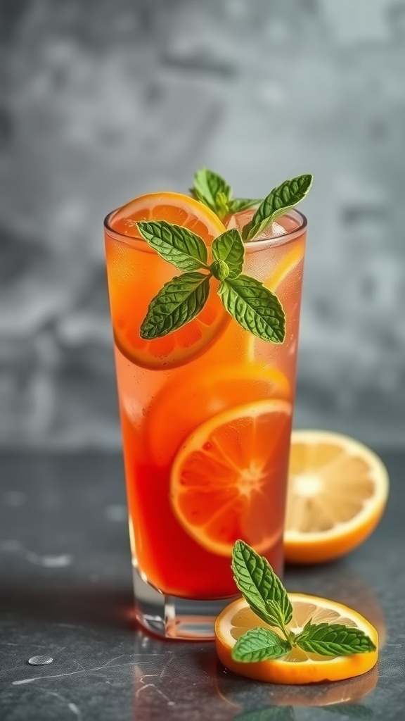 A refreshing citrus cooler mocktail with orange and lemon slices, garnished with mint leaves.