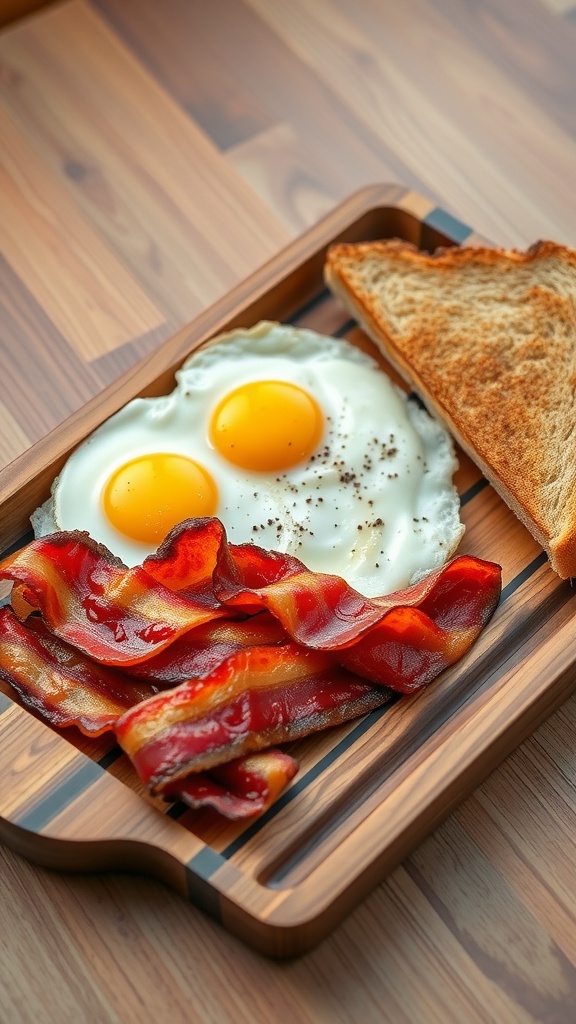 Classic American breakfast platter with sunny-side-up eggs, crispy bacon, and toasted bread on a wooden tray.