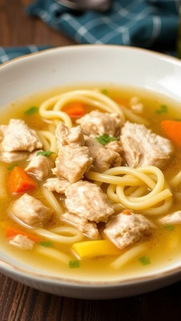 A bowl of chicken noodle soup with pieces of chicken, noodles, and colorful vegetables.