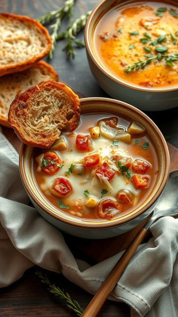 A bowl of Classic French Onion Soup Gratin topped with melted cheese and a slice of toasted baguette.