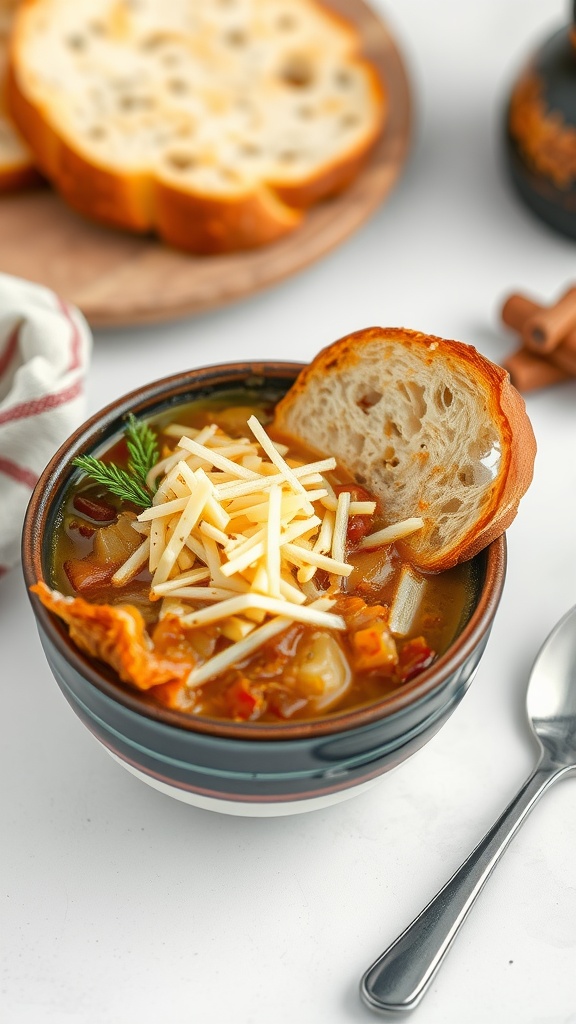 A bowl of classic French onion soup topped with cheese and a slice of bread.