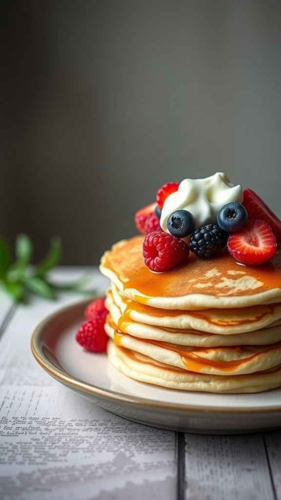 Stack of classic pancakes topped with fresh berries and syrup.
