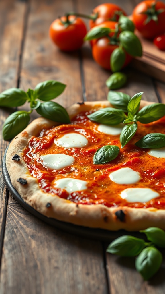 A freshly baked classic tomato sauce and mozzarella pizza with fresh basil on top.